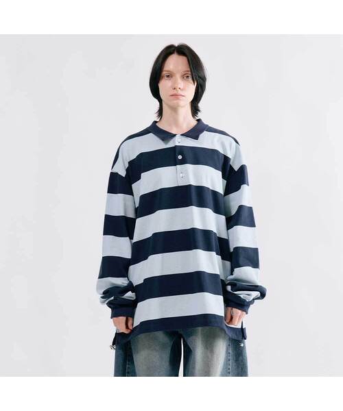 SMITHARMOR(スミスアモー)の「ストライプラグビーストリングスウェットシャツ_2カラー(Tシャツ/カットソー・メンズ・グリーン/ネイビー・FREE)」の2枚目の写真