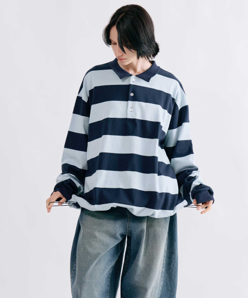 SMITHARMOR(スミスアモー)の「ストライプラグビーストリングスウェットシャツ_2カラー(Tシャツ/カットソー・メンズ・グリーン/ネイビー・FREE)」の7枚目の写真