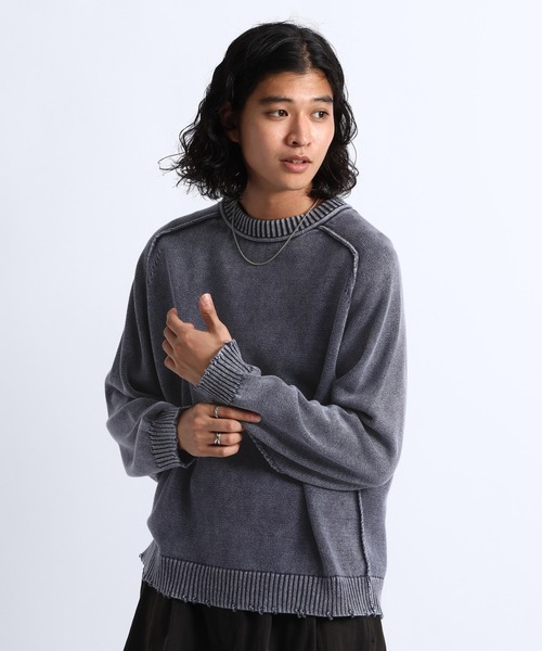 RAGEBLUE(レイジブルー)の「PIGMENT DYED KNIT SWEATER/ピグメント加工ニットプルオーバー(ニット/セーター・メンズ・ネイビー/レッド/グレー・LARGE/MEDIUM)」の2枚目の写真