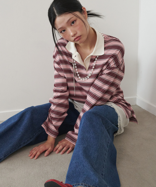 OPENING SUNSHINE(オープニングサンシャイン)の「ボタンディテール ストライプ ラグビー長袖Tシャツ ブラウン(ポロシャツ・レディース・その他・FREE)」の1枚目の写真