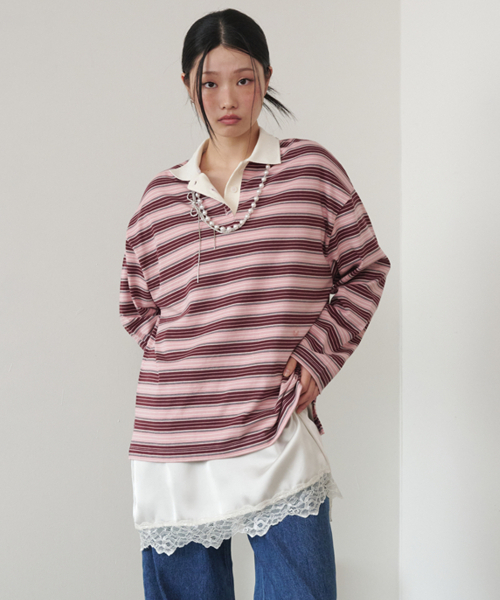 OPENING SUNSHINE(オープニングサンシャイン)の「ボタンディテール ストライプ ラグビー長袖Tシャツ ブラウン(ポロシャツ・レディース・その他・FREE)」の2枚目の写真