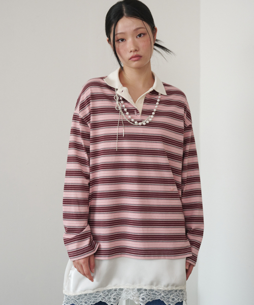 OPENING SUNSHINE(オープニングサンシャイン)の「ボタンディテール ストライプ ラグビー長袖Tシャツ ブラウン(ポロシャツ・レディース・その他・FREE)」の3枚目の写真