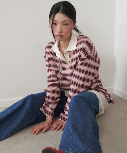 OPENING SUNSHINE(オープニングサンシャイン)の「ボタンディテール ストライプ ラグビー長袖Tシャツ ブラウン(ポロシャツ・レディース・その他・FREE)」の4枚目の写真
