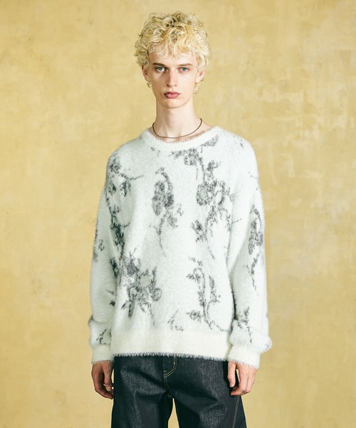 HARE(ハレ)の「フェザーシャギーフラワーARTニット(HARE)(ニット/セーター・メンズ・ブルー/グリーン/ホワイト/ブラック・FREE)」の1枚目の写真
