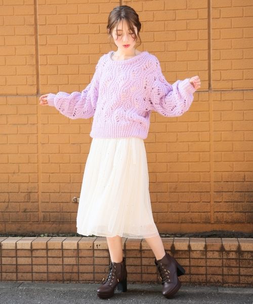 ユキベルファム ダークブラウン レザー ひざ丈スカート Heather（ヘザー）の「3WAYホシガラチュールスカート 778197