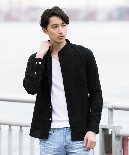 TopIsm(トップイズム)の「ストレッチ 綿麻 リネン 長袖 カラーシャツ(シャツ/ブラウス・メンズ・ブラック/ネイビー/ワイン/ブルー/ライトグリーン/オフホワイト/カーキ/ピンク/イエロー・L/LL/M)」の1枚目の写真