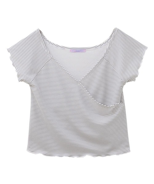 SUNBABIES（サンベイビーズ）の「[吸水速乾]アクティブ用カシュクールボーダーTシャツ（Tシャツ/カットソー・レディース・ホワイト/ブラック/ブラウン・MEDIUM）」の2枚目の写真