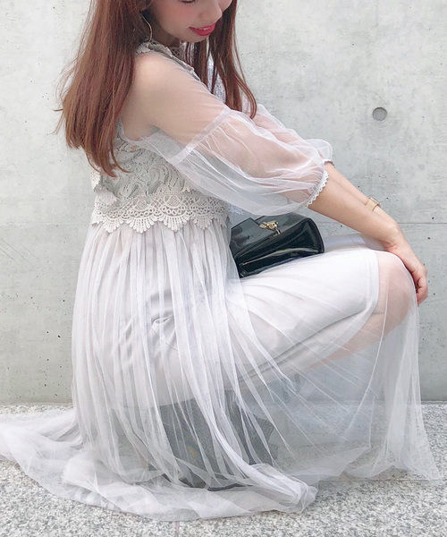 archives（アルシーヴ）の「レース×チュールプリーツワンピース（ワンピース・レディース・オフホワイト/ブラック/グレー・MEDIUM）」の6枚目の写真