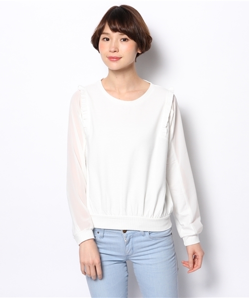 DISCOAT(ディスコート)の「【Discoat】生地JQD袖シフォンプルオーバー(Tシャツ/カットソー・レディース・オフホワイト/サーモンピンク/ブラック/グレー・フリ-)」の2枚目の写真