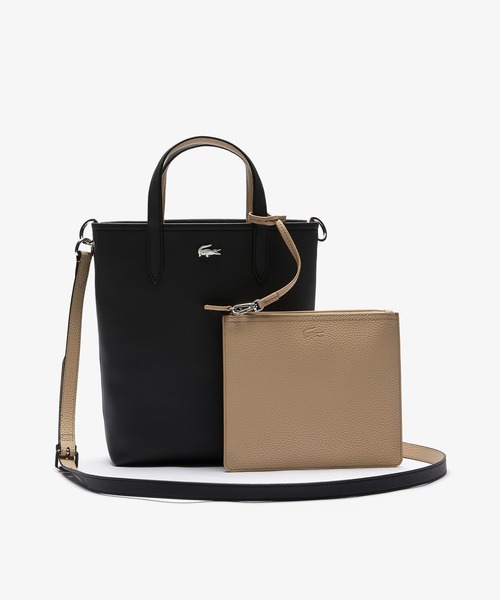 LACOSTE ラコステ 縦型トートバッグANNA リバーシブル 黒 ベージュ LACOSTE トートバッグ ANNAリバーシブル縦型 / 2WAY レディース