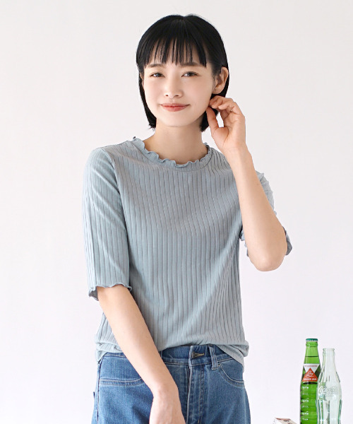 zootie（ズーティー）の「【ZOZO限定カラー発売中！】 ハーフスリーブ リブカットソー（Tシャツ/カットソー・レディース・レッド/ブラック/ホワイト/ネイビー/杢グレー/イエロー系その他/ピンク系その他/チャコール/アイボリー/ライトカーキ/ブルー系その他/キャメル/ベージュ/オレンジ/ダークパープル/ライトブルー/ダークグリーン/ピンク系その他3/グレイッシュベージュ/ピンク系その他2/レッド系その他/ベビーピンク/ホワイト×ブラック/グレー系その他/ケリーグリーン/ベージュ×ブラック/ブルー/イエロー系その他2/ブラック×ホワイト/ブルー系その他2/シアン/オレンジ系その他/ホワイト系その他/グレー系その他2/グリーン系その他2/テラコッタ/サーモンピンク/カーキブラウン/ホワイト系その他2・M/L/LL）」の22枚目の写真