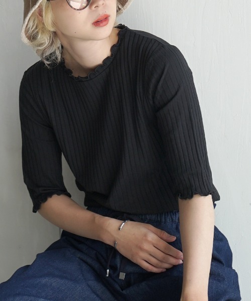 zootie（ズーティー）の「【ZOZO限定カラー発売中！】 ハーフスリーブ リブカットソー（Tシャツ/カットソー・レディース・レッド/ブラック/ホワイト/ネイビー/杢グレー/イエロー系その他/ピンク系その他/チャコール/アイボリー/ライトカーキ/ブルー系その他/キャメル/ベージュ/オレンジ/ダークパープル/ライトブルー/ダークグリーン/ピンク系その他3/グレイッシュベージュ/ピンク系その他2/レッド系その他/ベビーピンク/ホワイト×ブラック/グレー系その他/ケリーグリーン/ベージュ×ブラック/ブルー/イエロー系その他2/ブラック×ホワイト/ブルー系その他2/シアン/オレンジ系その他/ホワイト系その他/グレー系その他2/グリーン系その他2/テラコッタ/サーモンピンク/カーキブラウン/ホワイト系その他2・M/L/LL）」の7枚目の写真