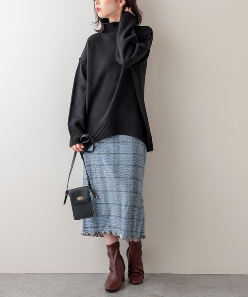 natural couture（ナチュラルクチュール）の「裾フリンジチェックナロースカート（スカート・レディース・ベージュ/ブルー・FREE）」の7枚目の写真