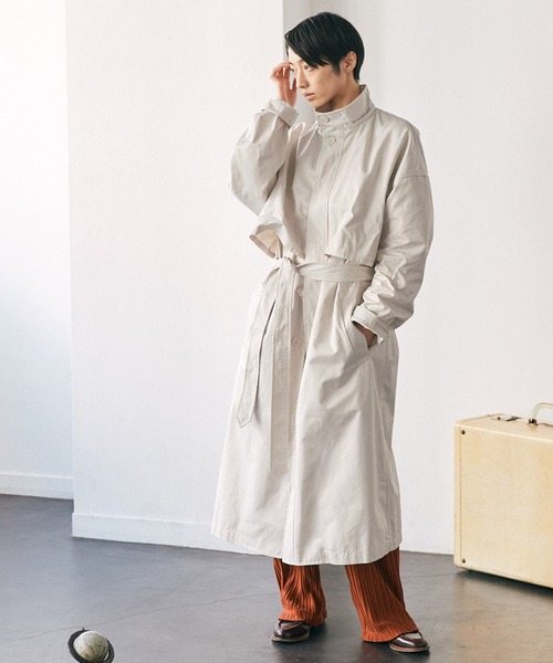 EMMA CLOTHES（エマクローズ）の「2WAY オーバーサイズ ウエストマークヨークデザイン スプリングロングコート/フーディー/スタンドカラー EMMA CLOTHES（トレンチコート・メンズ・ベージュ/アイボリー/ブルー・FREE）」の18枚目の写真