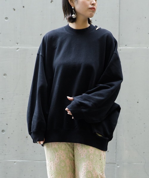 AS KNOW AS PINKY(アズノゥアズピンキー)の「ぱっくりウォッシュ裏毛プルオーバー(スウェット・レディース・ライトピンク/杢グレー/アイボリー/ブラック・FREE)」の2枚目の写真