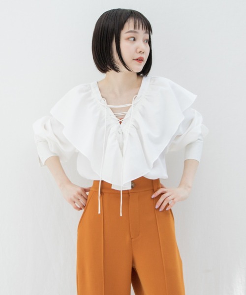 Kastane（カスタネ）の「編み上げフリル衿ブラウス（シャツ/ブラウス