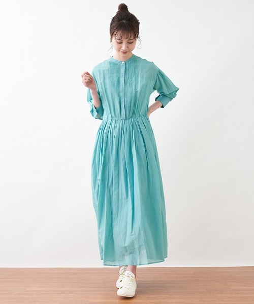 en recre(アンレクレ)の「バンドカラーワンピ-ス(ワンピース・レディース・コーラル/エメラルド/ネイビー/レモンイエロー・2)」の2枚目の写真