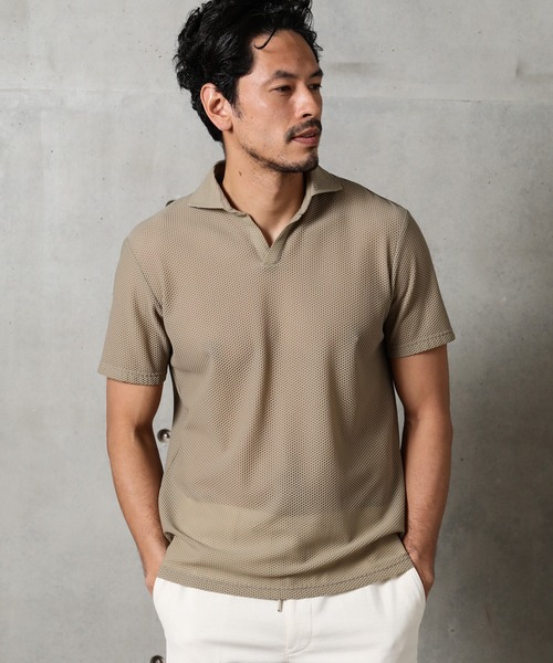 MEN'S BIGI（メンズビギ）の「ハニカムメッシュ スキッパーポロシャツ（ポロシャツ・メンズ・ベージュ/カーキ/ネイビー・1/2/3）」の4枚目の写真