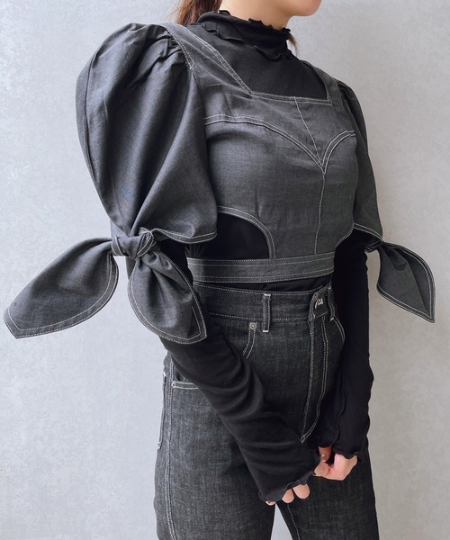 lilLilly（リルリリー）の「ボリュームデニムトップス（シャツ/ブラウス・レディース・ブラック/インディゴブルー/ブルー・FREE）」の12枚目の写真