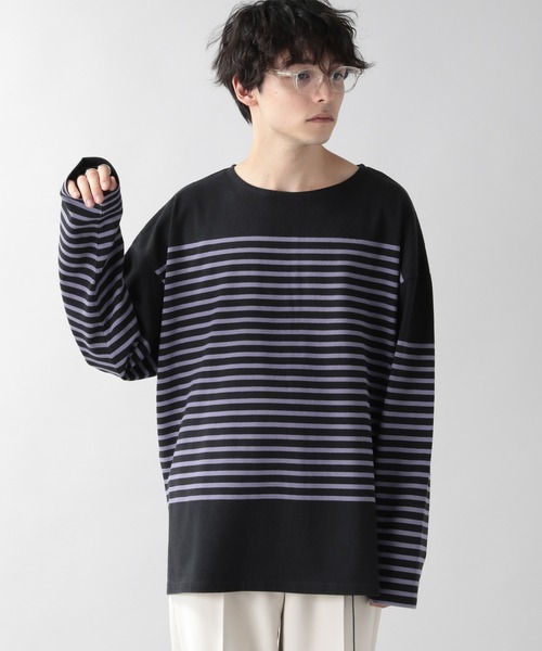 RAGEBLUE(レイジブルー)の「ビッグシルエット/スリットボーダーロンT/217882(Tシャツ/カットソー・メンズ・オフホワイト/ブラック・MEDIUM/LARGE)」の1枚目の写真