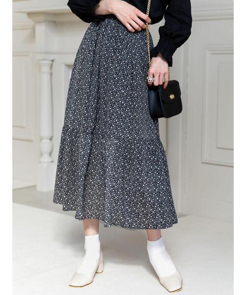 SLURR（スラ―）の「花柄ティアードスカート（スカート・レディース・ブラック/オフホワイト/イエロー・FREE）」の7枚目の写真