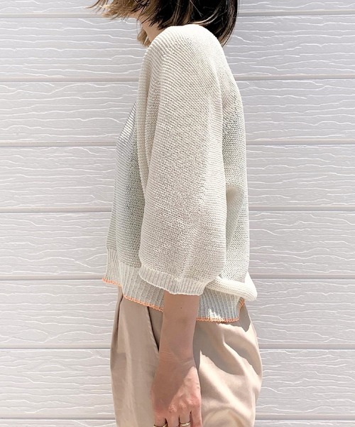 Q(キュー)の「ホールガーメント 和紙ショートカーデ(カーディガン/ボレロ・レディース・カーキ/アイボリー・MEDIUM)」の4枚目の写真