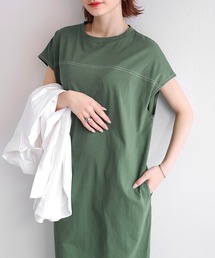 配色ステッチフレンチスリーブTシャツワンピース