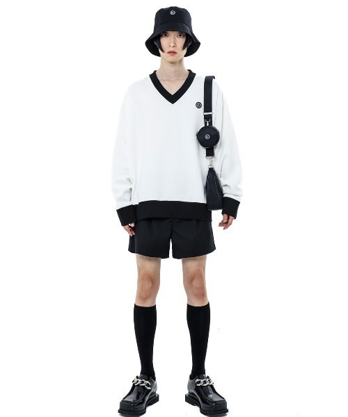 BASIC COTTON(ベーシックコットン)の「【BASIC COTTON/ベーシックコットン】MIX V MTM / Vネック スウェット トレーナー(スウェット・メンズ・ホワイト/ブラック・ONE SIZE)」の3枚目の写真