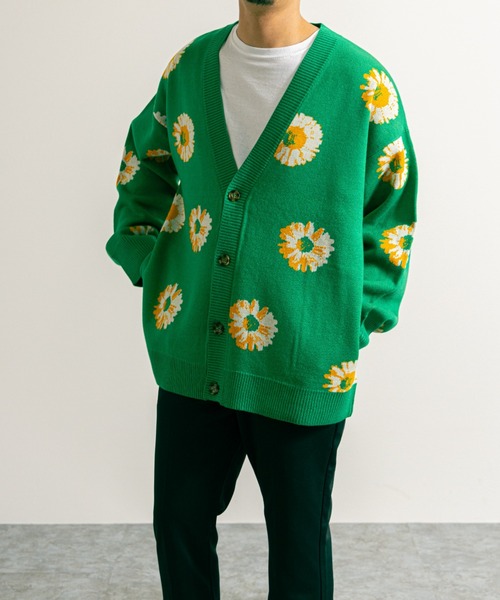 星TTT MSW フラワージャガードニットカーディガン グリーン Lサイズ 星様専用TTT MSW フラワージャガードニットカーディガン グリーン L