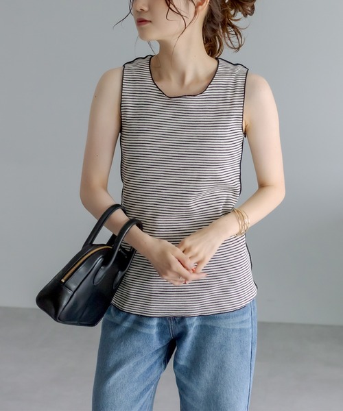 PUAL CE CIN(ピュアルセシン)の「テレコ染め分けボーダータンクトップ(タンクトップ・レディース・ブラック/ピンク/ベージュ・FREE)」の7枚目の写真