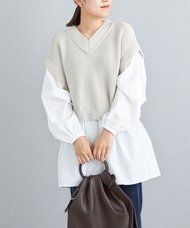 〈手洗い可能〉シャツコンビVネックニット