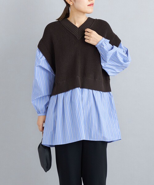 ★美品 SHIPS シップス ネイビー、柄物 ニット・セーター S セール】〈手洗い可能〉シャツコンビVネックニット（ニット