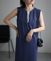 ap retro | 2022/新作 深 Vネックパール付きワンピース / キーネックノースリワンピース(ワンピース)