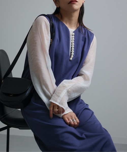 ap retro(アプレトロ)の「深Vネックパール付きワンピース / キーネックノースリワンピース(ワンピース・レディース・ブラック/ベージュ/ブルー/ライトグリーン/アイボリー・FREE)」の10枚目の写真