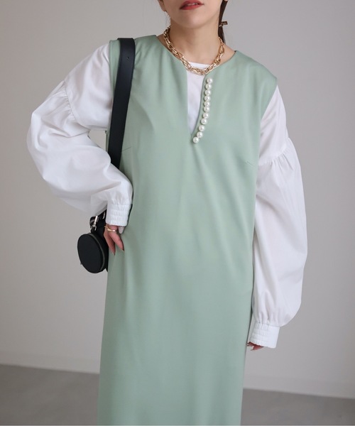 セール】深Vネックパール付きワンピース / キーネックノースリ