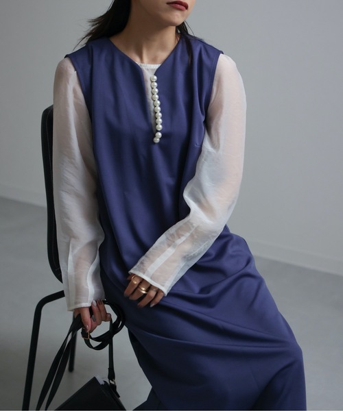 ap retro(アプレトロ)の「深Vネックパール付きワンピース / キーネックノースリワンピース(ワンピース・レディース・ブラック/ベージュ/ブルー/ライトグリーン/アイボリー・FREE)」の12枚目の写真