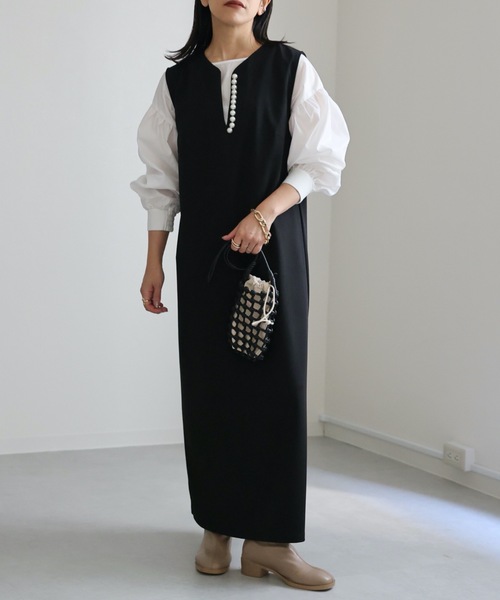 カジュアル ノースリーブ ラウンドネック パール付き ワンピース She's Closet ワンピース 襟タックパール付きノースリーブロング