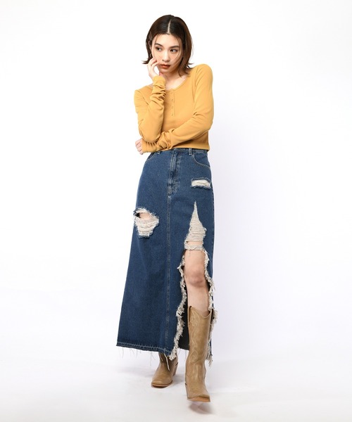 SPIRALGIRL（スパイラルガール）の「スーパースリットデニムスカート（デニムスカート・レディース・ライトブルー/サックスブルー・SMALL/MEDIUM）」の14枚目の写真