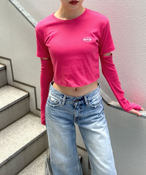 Snap club(スナップクラブ)の「【Snap club】アームウォーマー付きショートトップス(Tシャツ/カットソー・レディース・ブラック/ホワイト/グレー/ピンク/ブルー・FREE)」の16枚目の写真