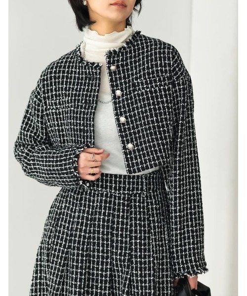 ツイードライクショート丈ノーカラージャケット