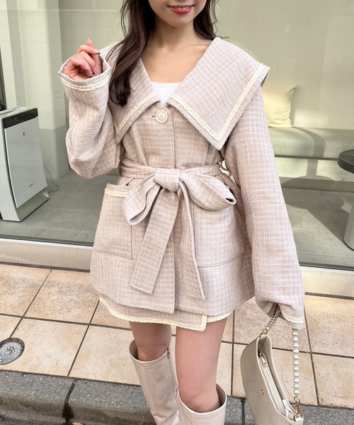 one after another NICE CLAUP（ワンアフターアナザーナイスクラップ）の「大きな襟ツィードミドルコート（その他アウター・レディース・アイボリー/ブラック/ピンク・FREE）」の11枚目の写真