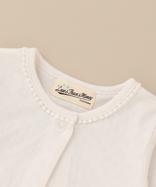 Love&Peace&Money（ラブアンドピースアンドマネー）の「天竺ジャガード長袖ボレロ（カーディガン/ボレロ・キッズ・ライトピンク/オフホワイト・110cm/90cm/130cm/80ｃｍ/100cm/120cm）」の7枚目の写真