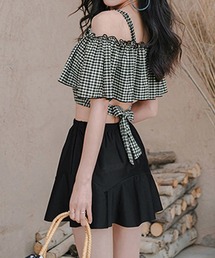 Dalfwin | ギンガムチェックオフショルダーフリルビキニ×スカート３点セット水着(水着)