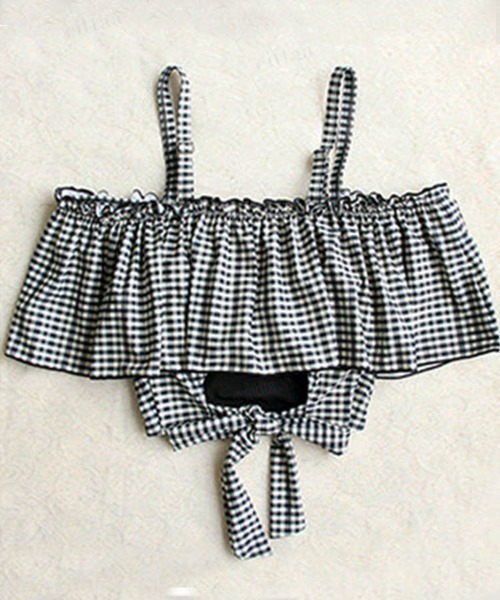 Dalfwin(ダールフィン)の「ギンガムチェックオフショルダーフリルビキニ×スカート3点セット水着(水着・レディース・ブラック・ONE SIZE)」の13枚目の写真