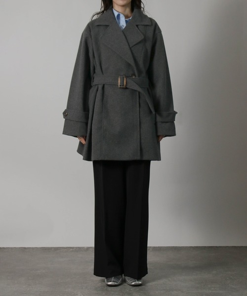セール】【ベルト付き】ダブルボタンミドル丈Aラインチェスターコート