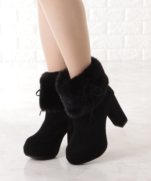 セール】スエード調ファー付きハイヒールショートブーツ（ブーツ