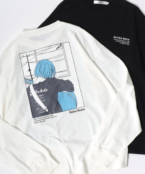 SITRY(シトリー)の「SITRY Girl Illustration Back Print T-shirt/別注 オーバーサイズ ガール イラスト バックプリント ワンポイント刺繍 長袖Tシャツ ロンT レディース メンズ(Tシャツ/カットソー・メンズ・ホワイト/ブラック/ホワイト系その他2/ブラック系その他2/ホワイト系その他/ブラック系その他・M/L/XL)」の3枚目の写真