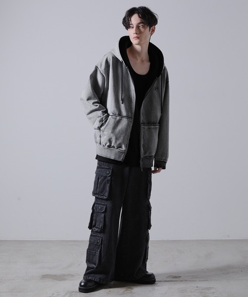 【CLEL】ヘビーウェイト ロゴ刺繍フルジップパーカー(ヴィンテージブラック) CLEL】Heavy Weight Logo Embroidered Full-Zip Hoodie