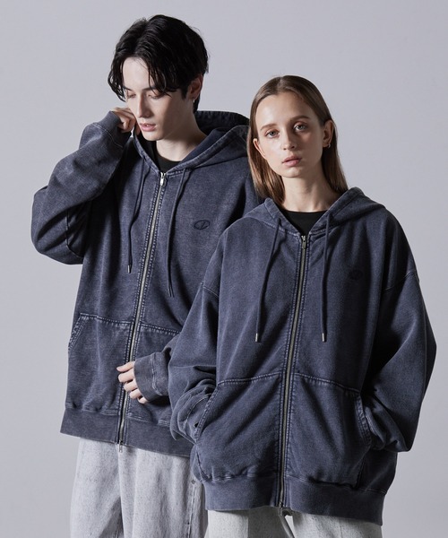 CLEL クレイル　ヘビーウェイトロゴ刺繍フルジップパーカー　チャコールグレーS CLEL】Heavy Weight Logo Embroidered Full-Zip Hoodie