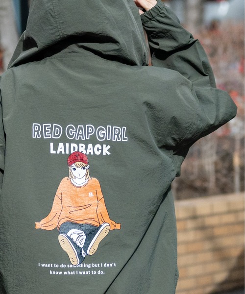 Red Cap Girl(レッドキャプガール)の「【a-r】〔RedCapGirl/レッドキャップガール〕ナイロン バックイラスト フードジャケット(ナイロンジャケット・メンズ・ベージュ/カーキ/ブラック・MEDIUM/LARGE)」の3枚目の写真